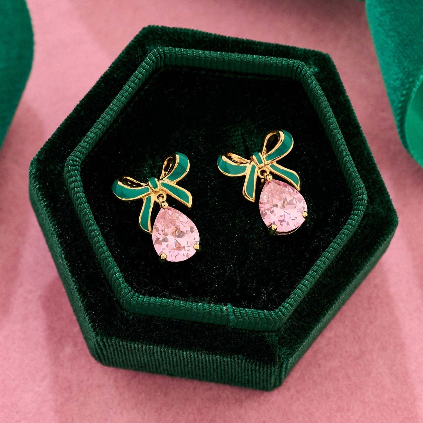 Amelia Bow collection emerald green enamel bow earrings with blush pink teardrop cubic zirconia in green velvet box