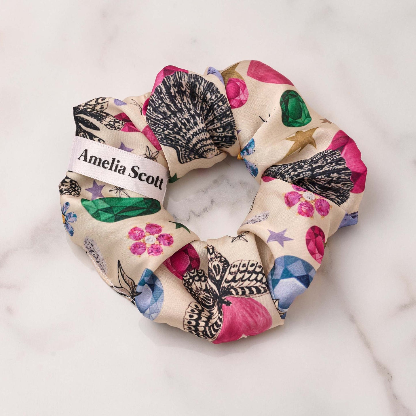 Amelia Scott Icon cream scrunchie with colorful gemstone print, handmade UK silk hair accessory