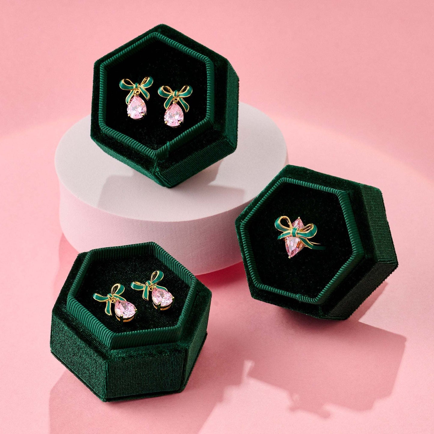 pink and green bow earrings
