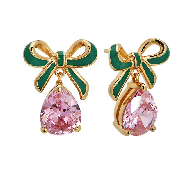 Bow stud earrings, green and pink