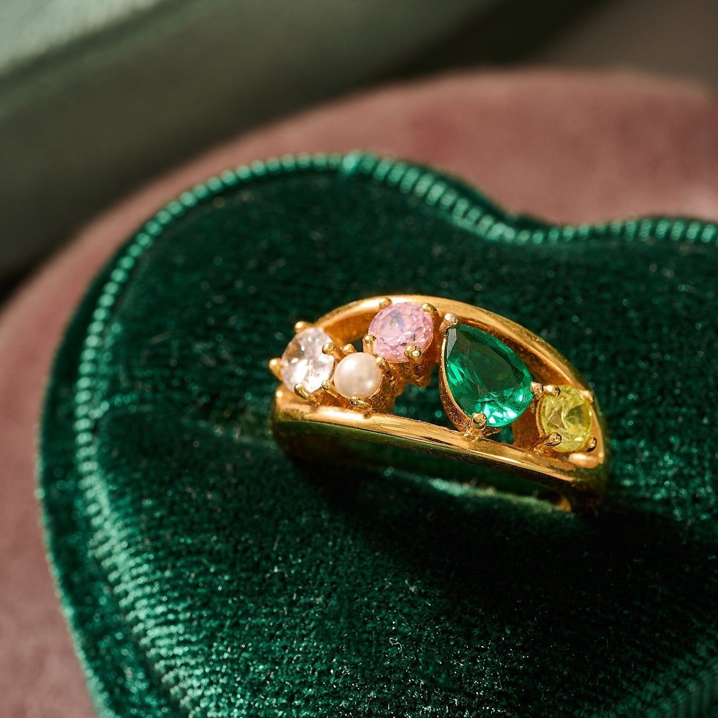 Vintage Colourful Cocktail Ring - Amelia Scott Sofia Gold Cluster ring in emerald green velvet box