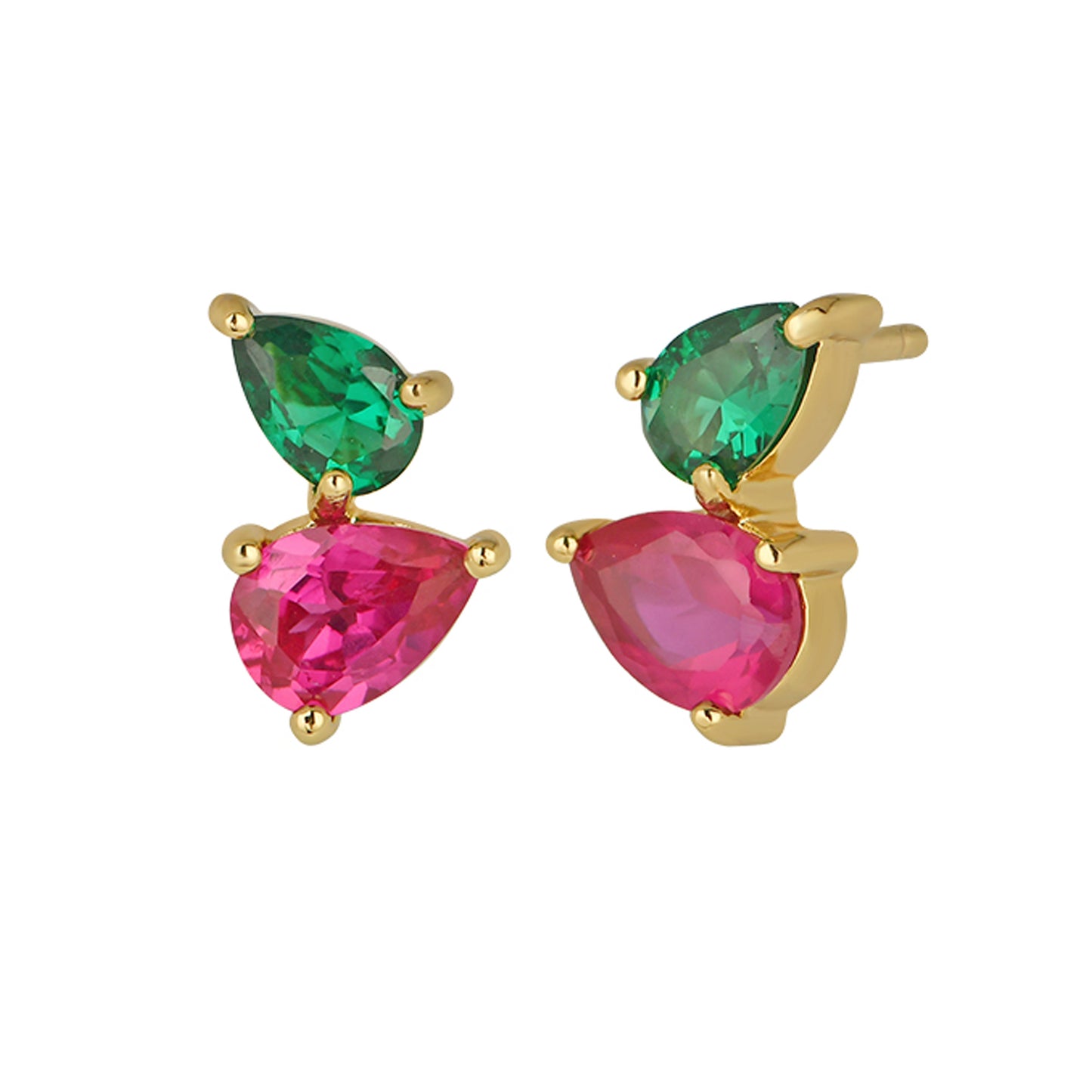 Sofia Stud Earrings with emerald green and bright pink cubic zirconia set in 18k gold plated recycled sterling silver