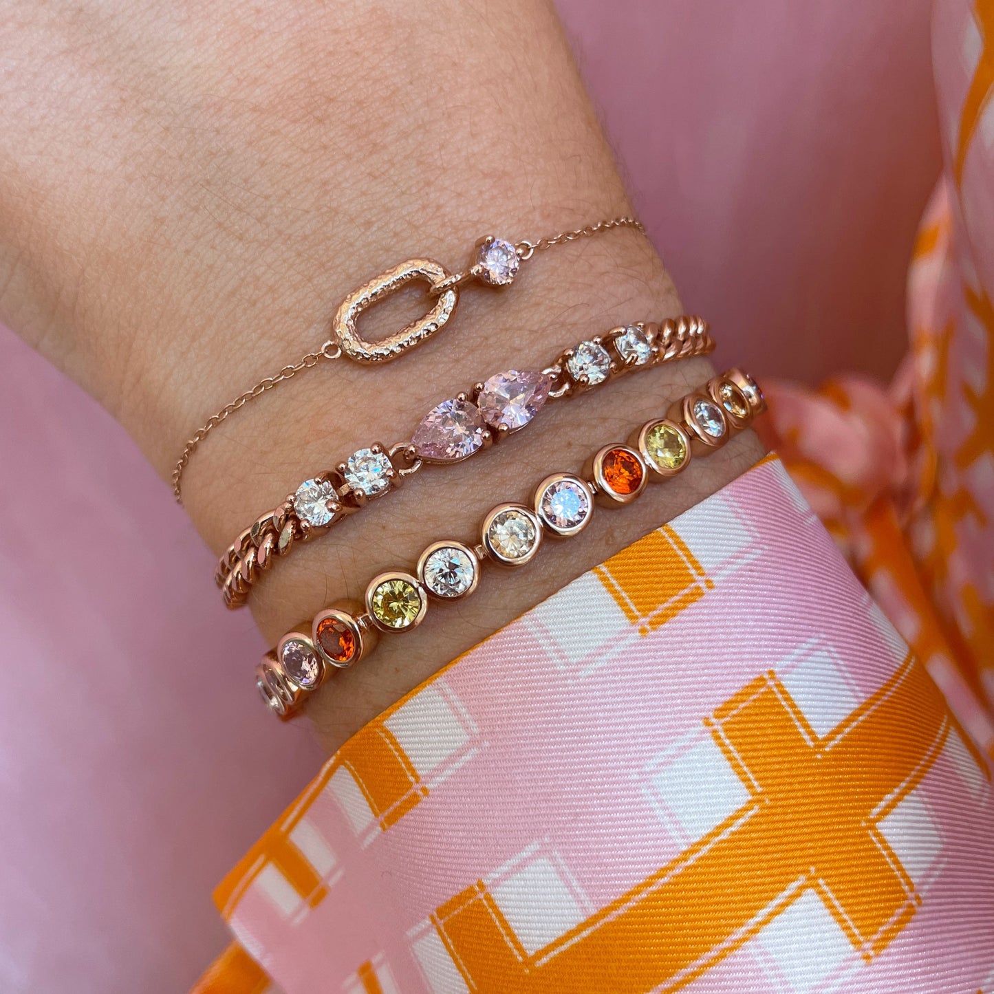 Rose Gold Teardrop Bracelet Amelia Scott Stacking Bracelet Blush Pink styled with other bracelets