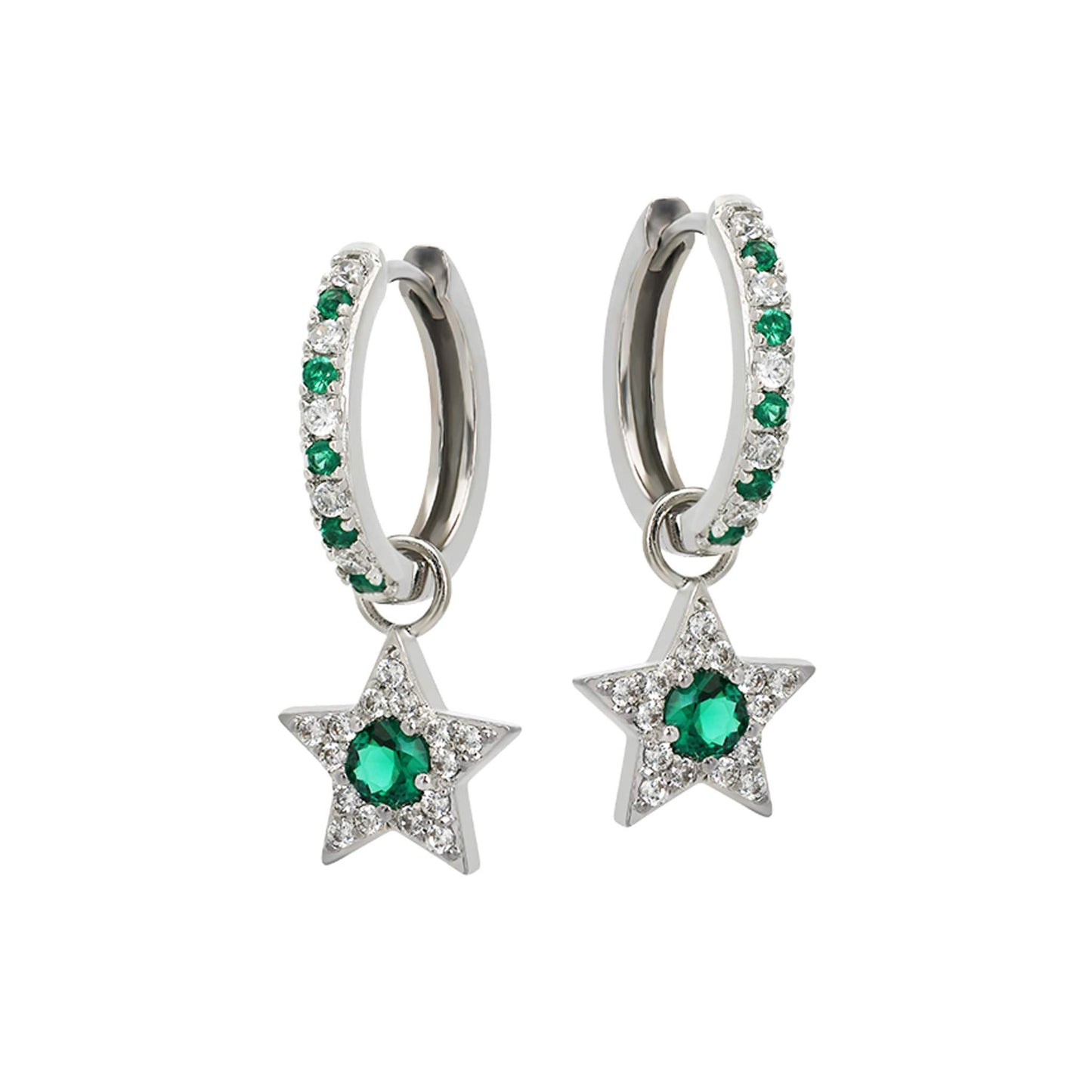 Celeste Mini Star Hoop Earrings in recycled sterling silver with emerald green and clear lab-grown stones, star charm dangle design
