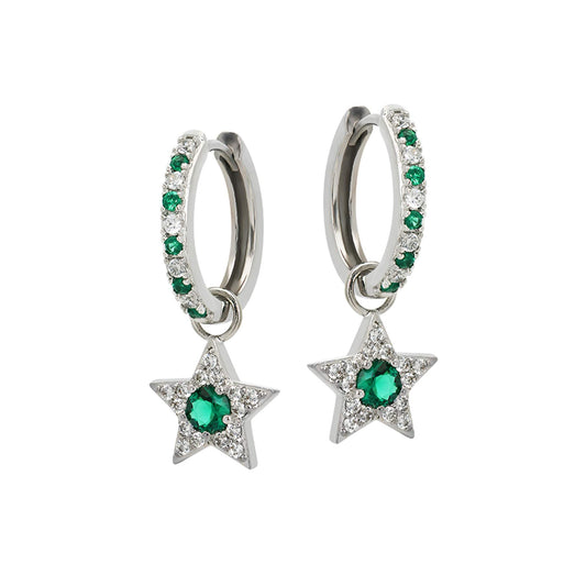 Celeste Mini Star Hoop Earrings in recycled sterling silver with emerald green and clear lab-grown stones, star charm dangle design