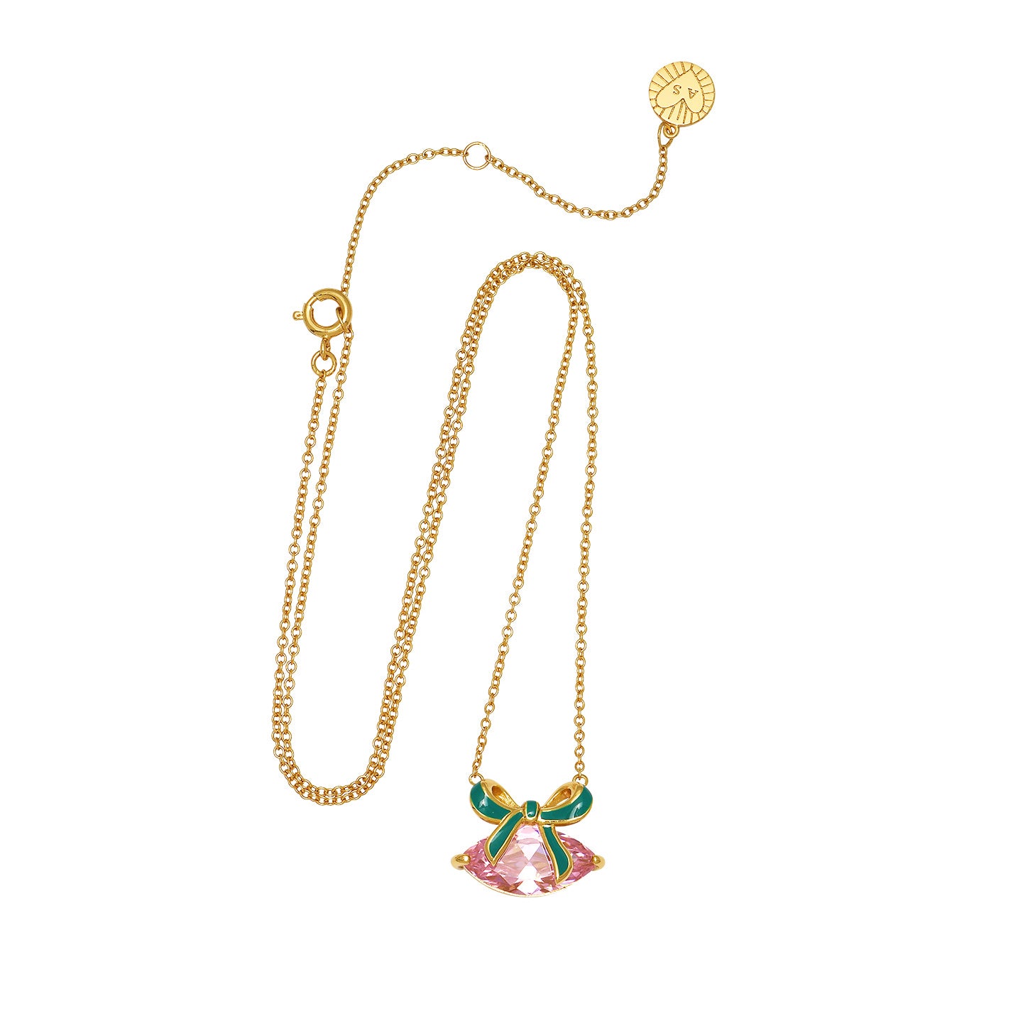Amelia Bow Necklace, Emerald Green, Blush Pink & Gold