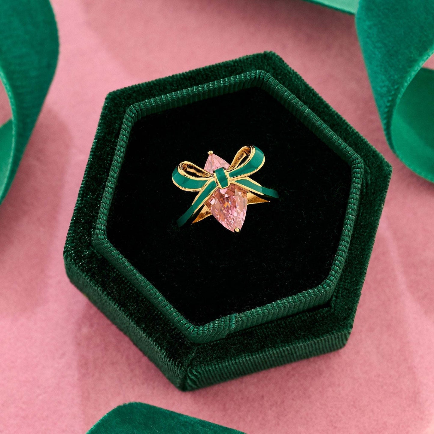 Amelia Scott vintage inspired pink and gold bow cocktail ring in box