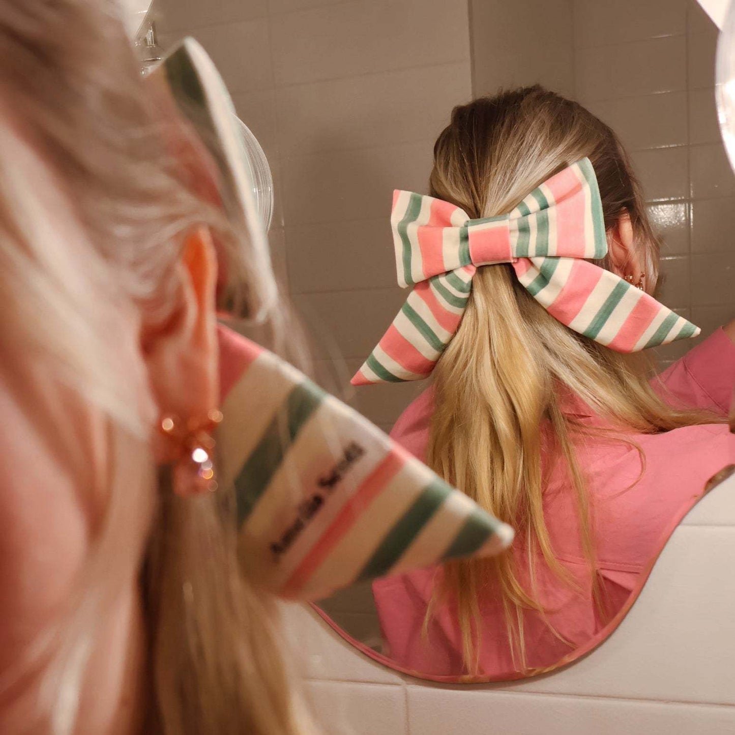 Nancy Pink & Green Stripe Velvet Bow Barrette Clip