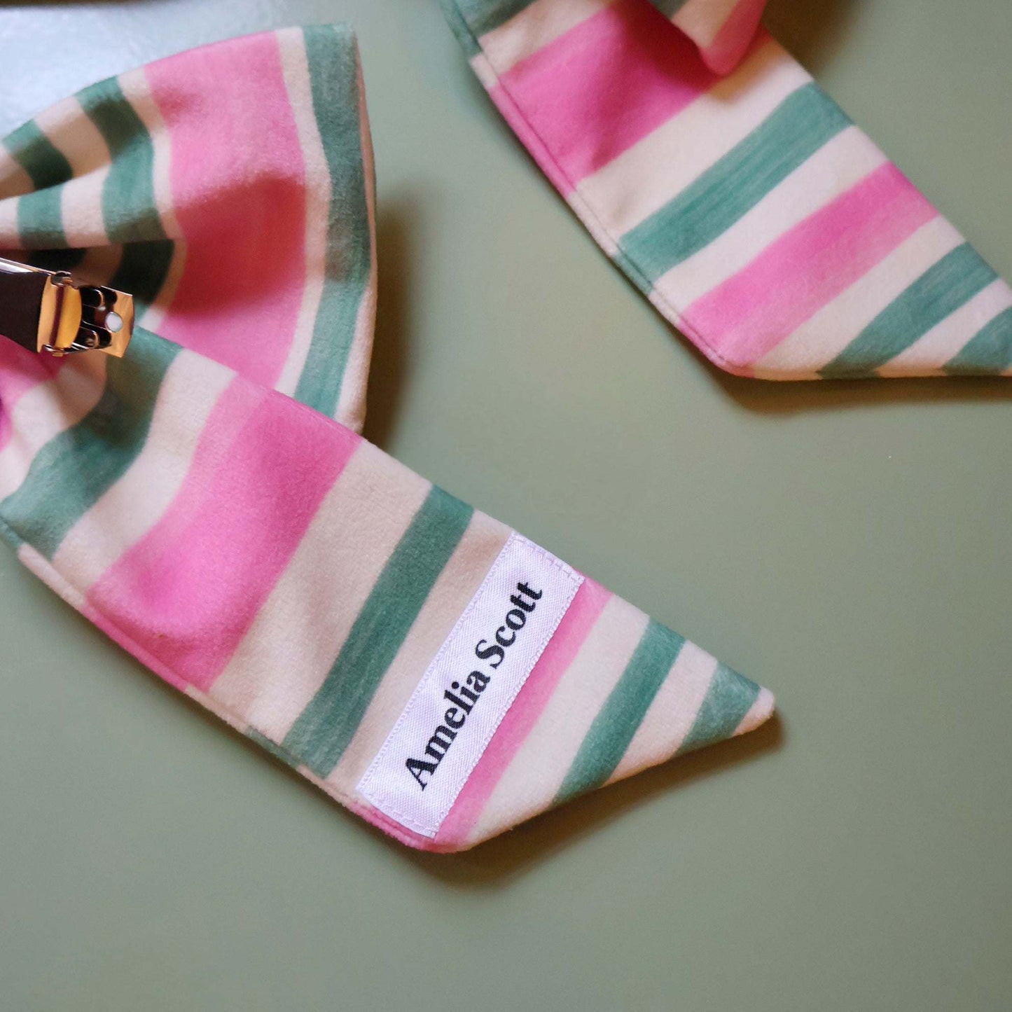 Nancy Pink & Green Stripe Velvet Bow Barrette Clip