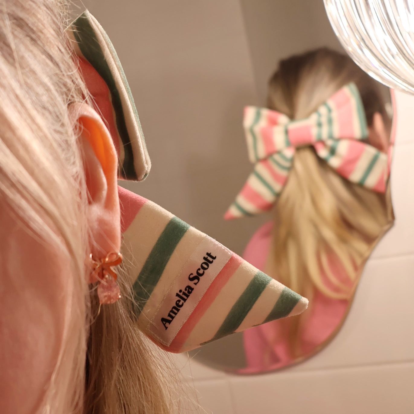 Nancy Pink & Green Stripe Velvet Bow Barrette Clip