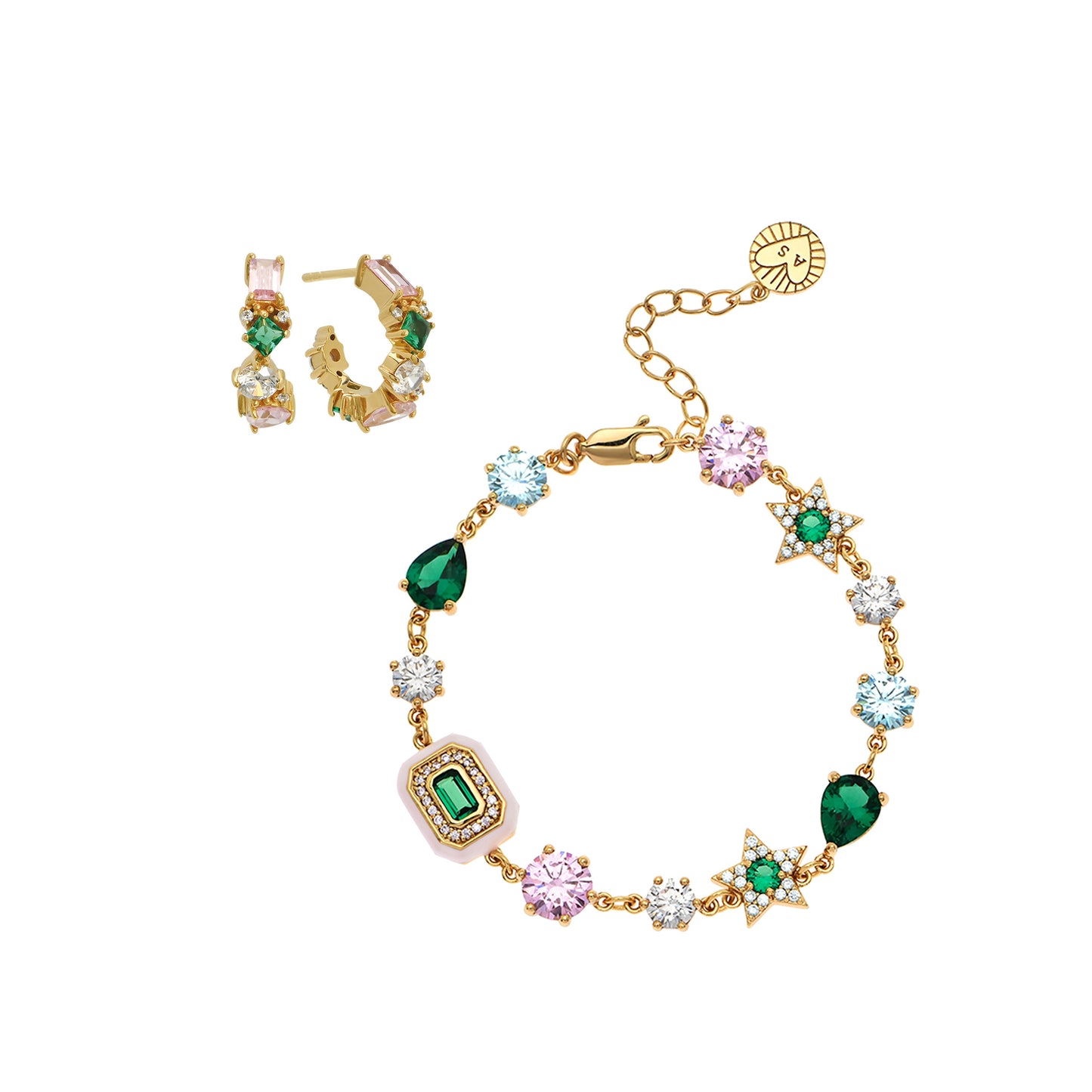Lottie + Celeste sparkle gift set with cubic zirconia bracelet and cluster hoop earrings in gold and green tones