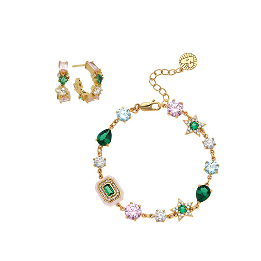 Lottie + Celeste sparkle gift set with cubic zirconia bracelet and cluster hoop earrings in gold and green tones