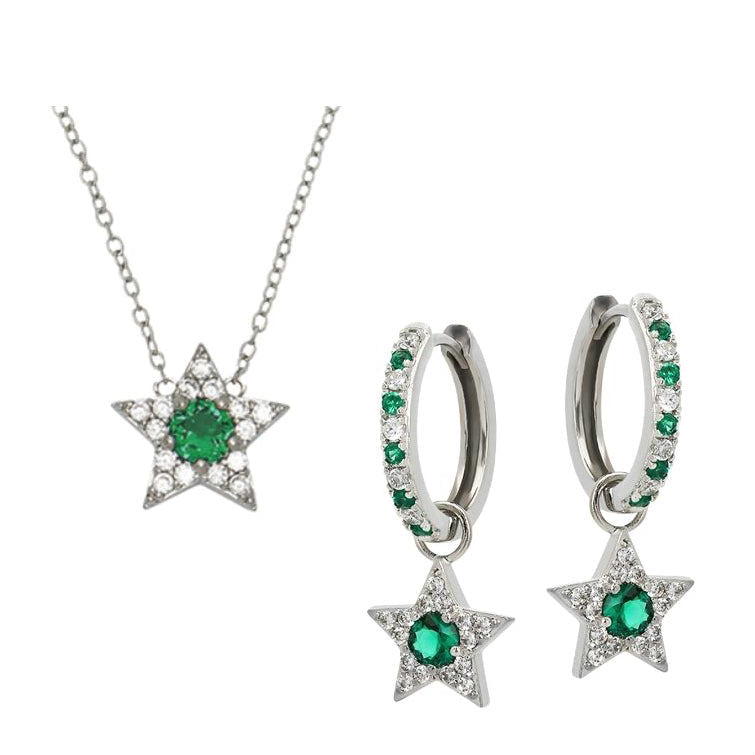 Silver jewellery gift set, silver and emerald green star necklace and hoop earrings