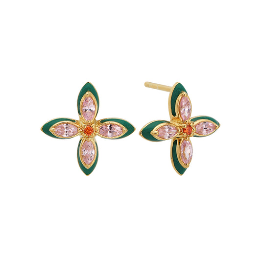 Lucky Clover stud earrings with emerald green enamel and blush pink cubic zirconia set in recycled 18k gold plated sterling silver