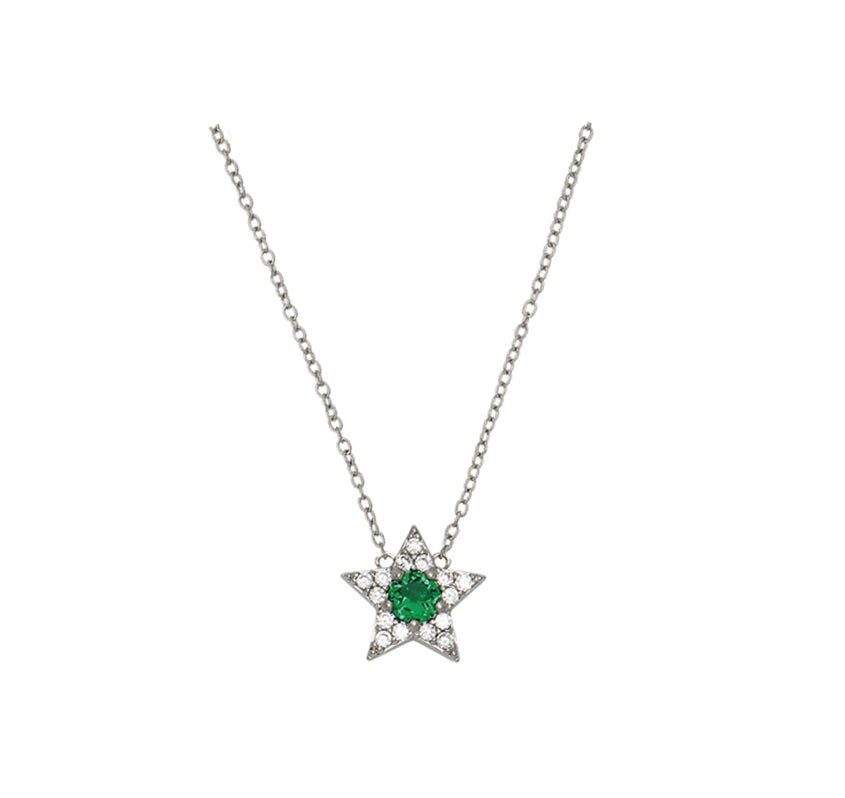 Celeste Mini Star Necklace featuring a silver chain with a star pendant adorned with emerald green and clear stones