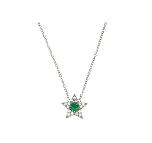 Celeste Mini Star Necklace featuring a silver chain with a star pendant adorned with emerald green and clear stones