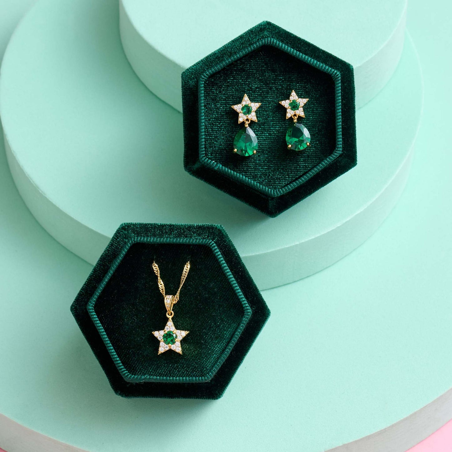 Celeste Green Star Teardrop Earrings, mini star studs in green and gold in a gift set with a necklace