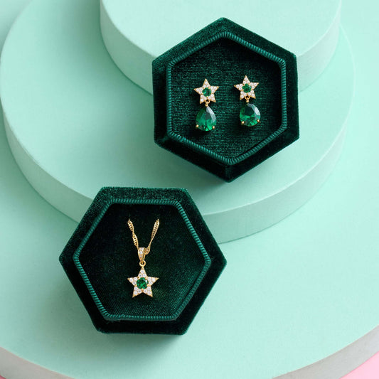 Celeste Green Star Teardrop Earrings, mini star studs in green and gold in a gift set with a necklace