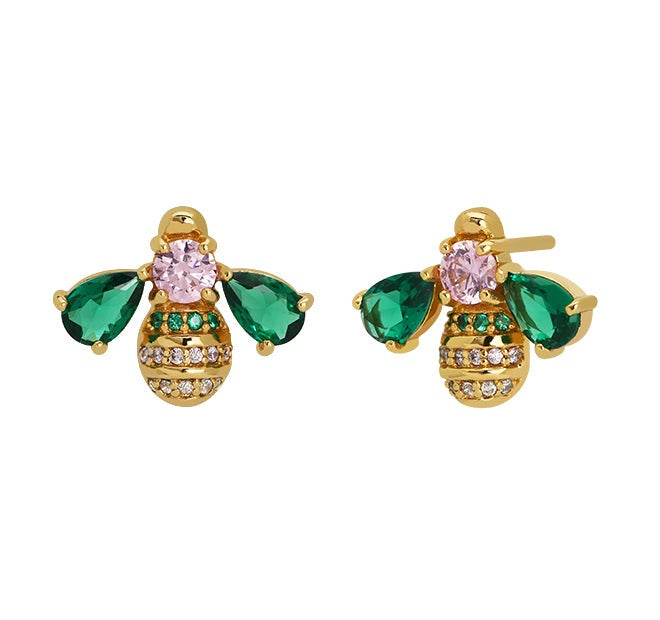 Gold bee-shaped stud earrings with emerald green and blush pink cubic zirconia from Beatrice Jewelled Bee Collection