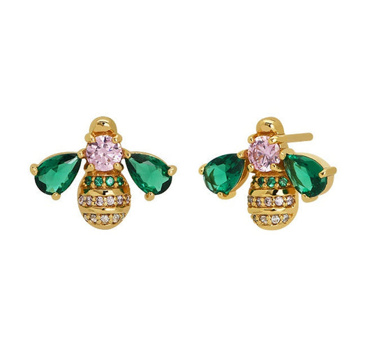 Gold bee-shaped stud earrings with emerald green and blush pink cubic zirconia from Beatrice Jewelled Bee Collection