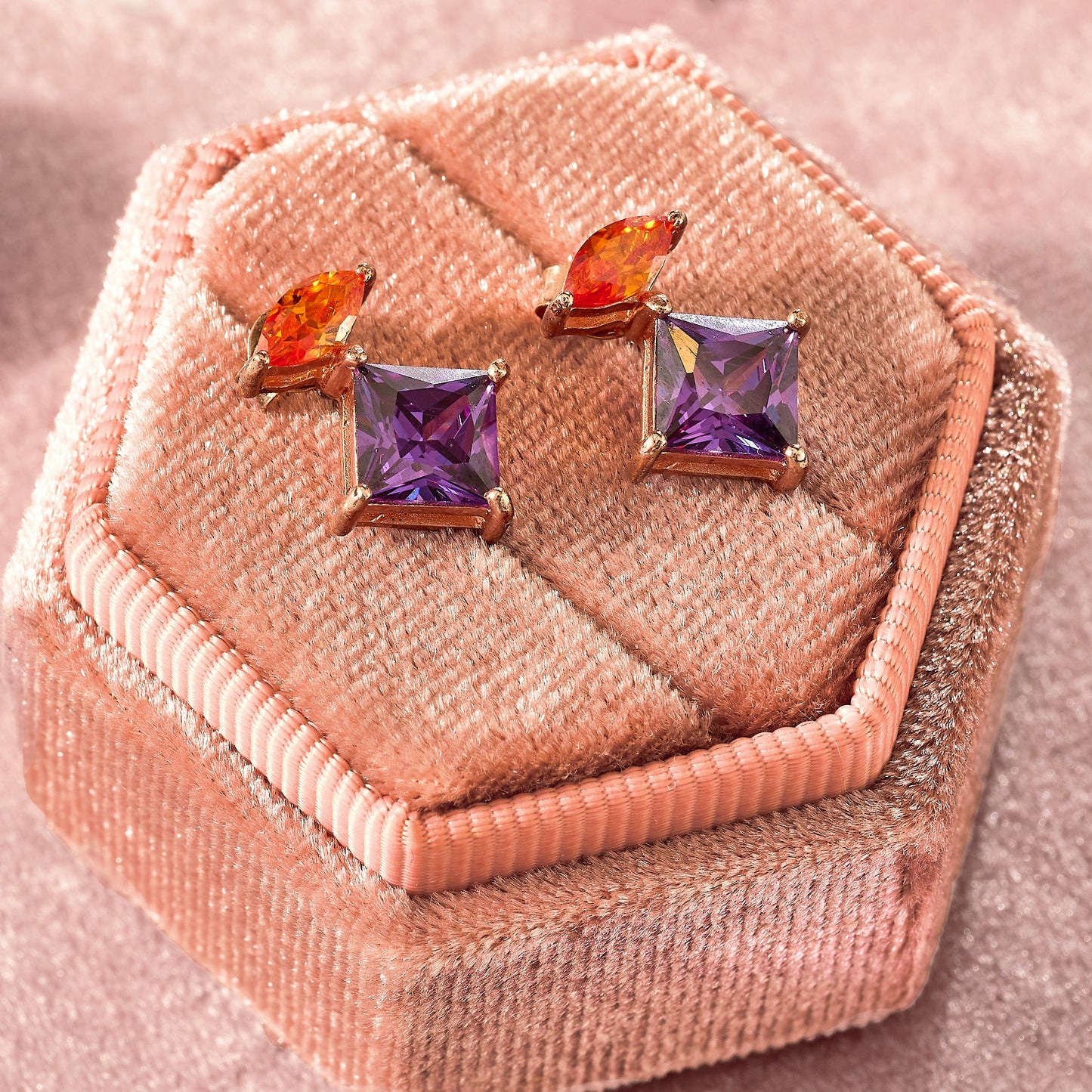 Colourful Rose Gold Stud Earrings, orange and amethyst in pink velvet gift box