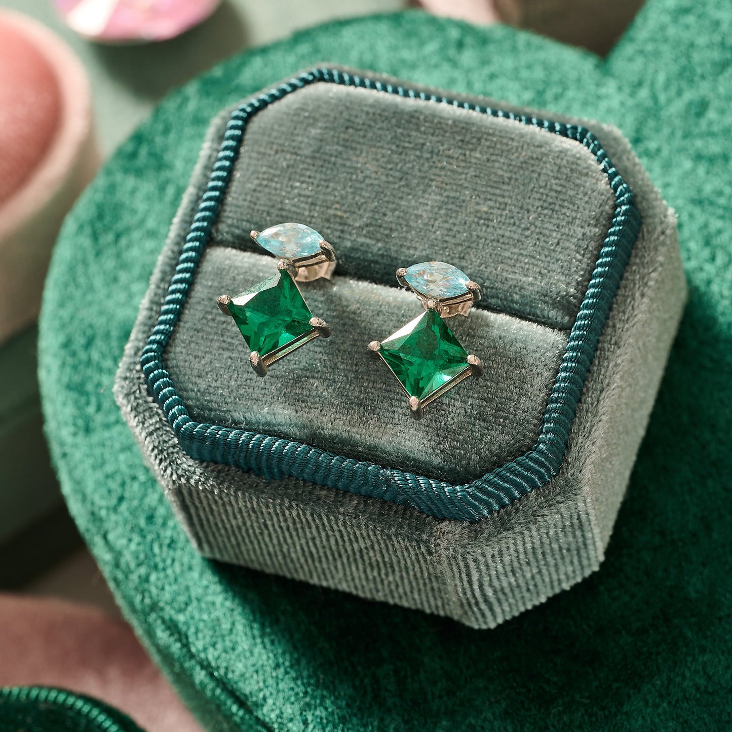 Esme Stud Earrings, Aquamarine, Emerald Green & Silver