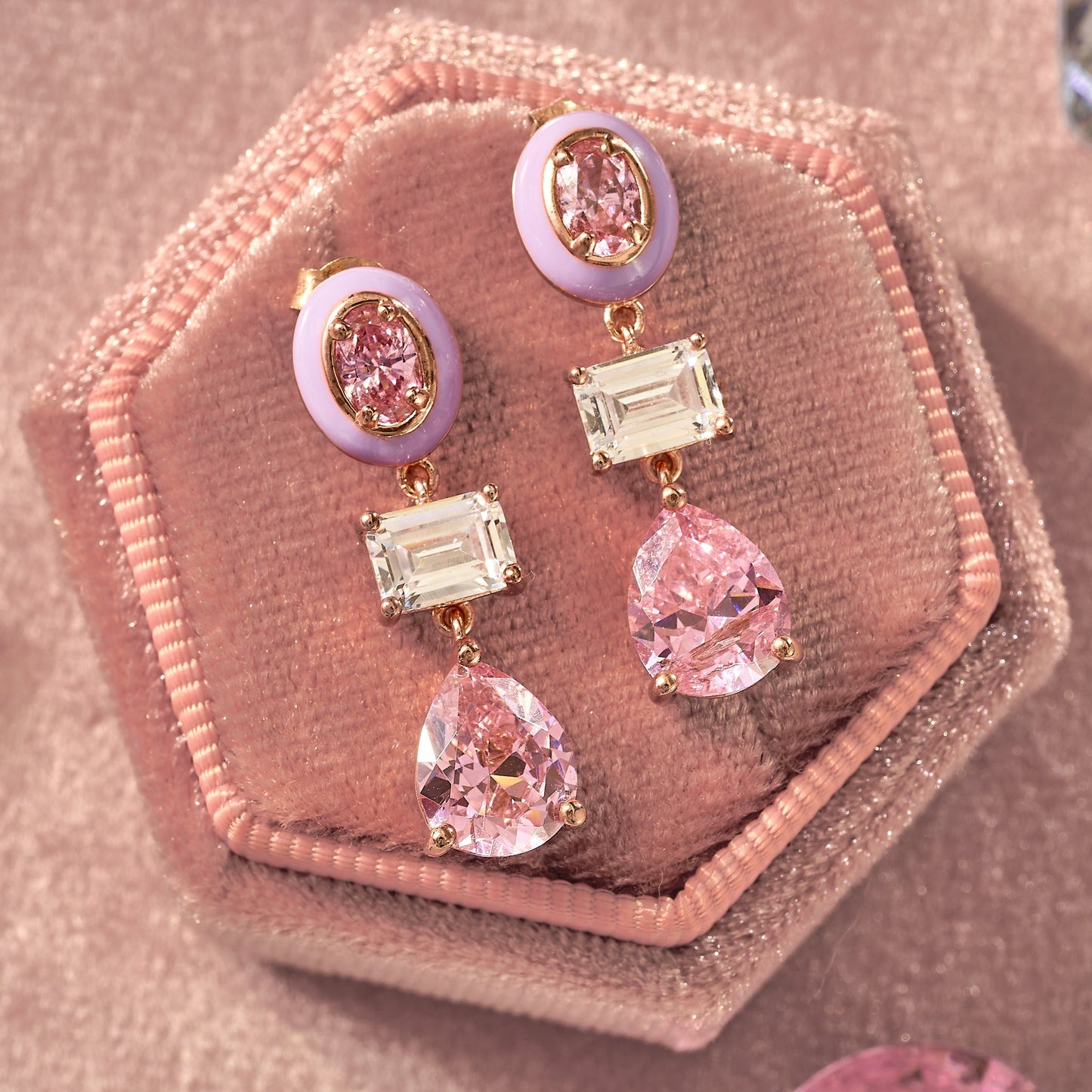 Colourful Enamel Drop Earrings Lilac, Pink & Rose Gold Amelia Scott in pink jewellery box