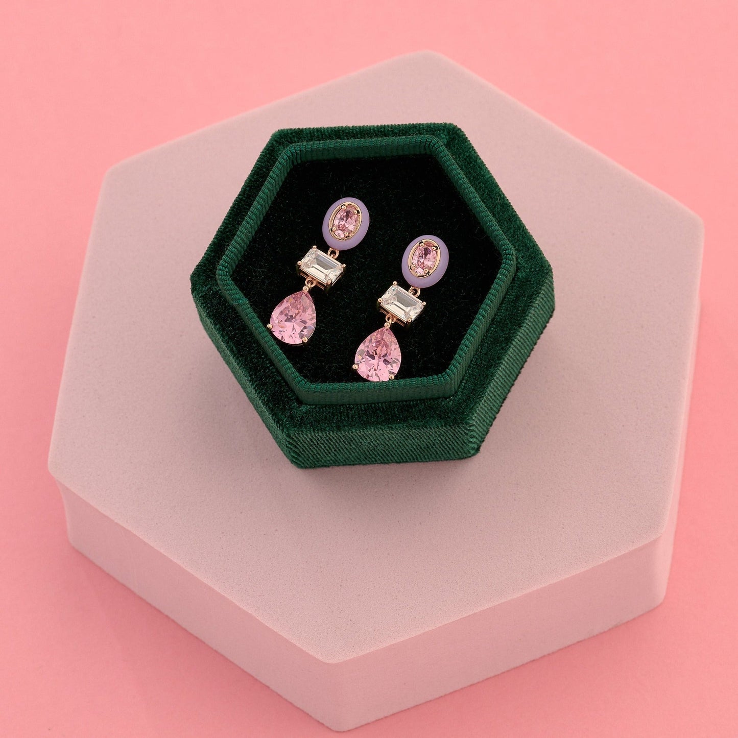 Colourful Enamel Drop Earrings Lilac, Pink & Rose Gold Amelia Scott in a green hexagon gift box