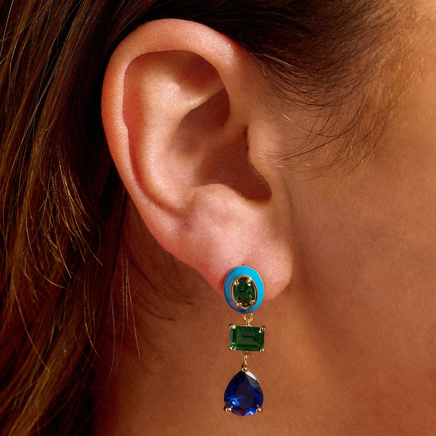 Green Statement Earrings Frida Enamel Drop Studs, Blue, Green & Gold in ear