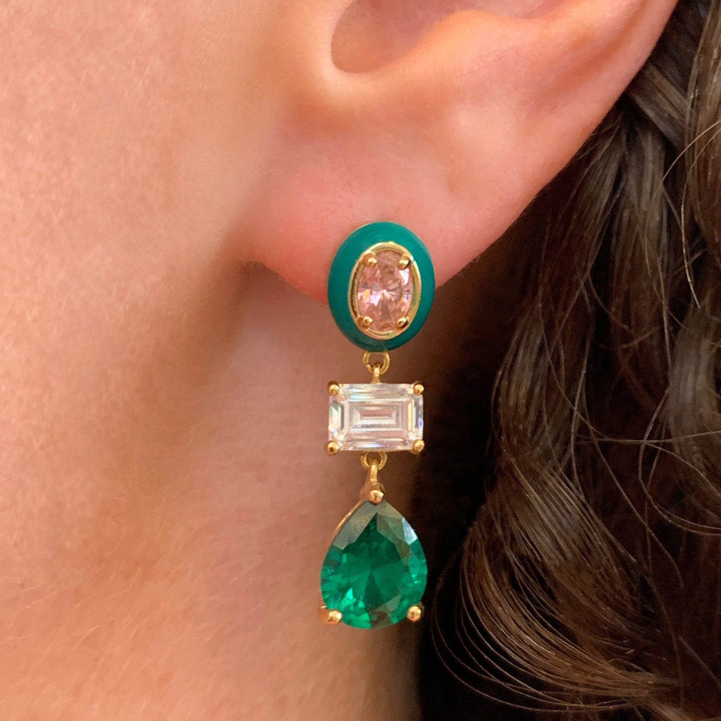 Frida Enamel Drop Earrings, Pink, Green & Gold