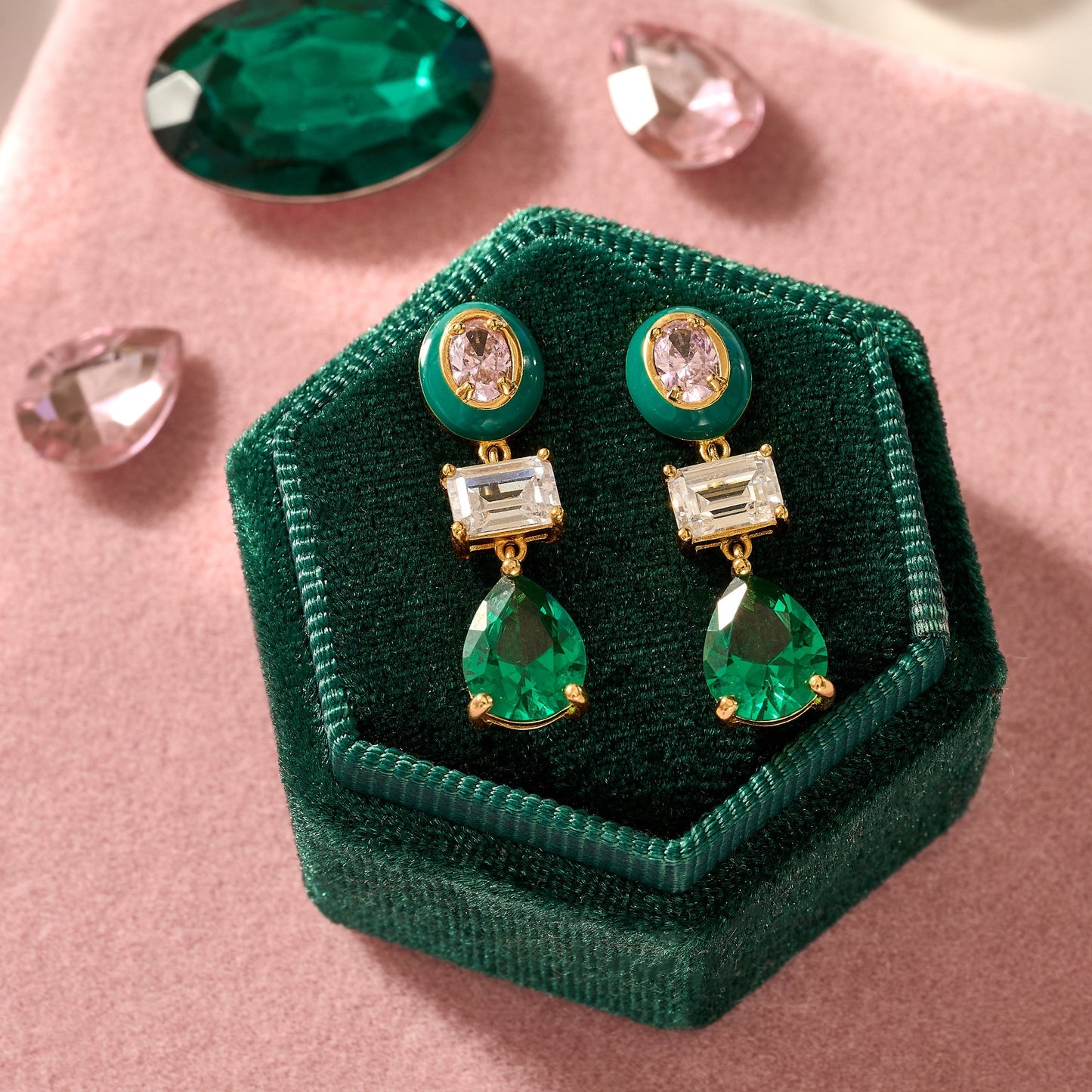 Frida Enamel Drop Earrings, Pink, Green & Gold