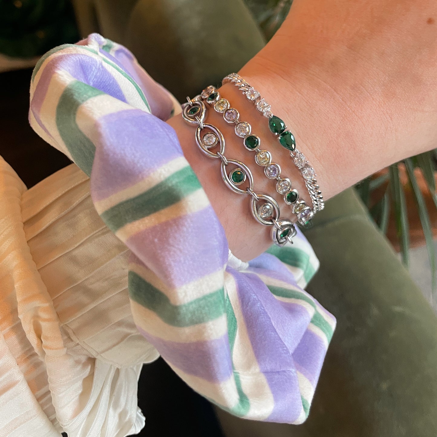 Lucy Lilac & Green Stripe Velvet Scrunchie