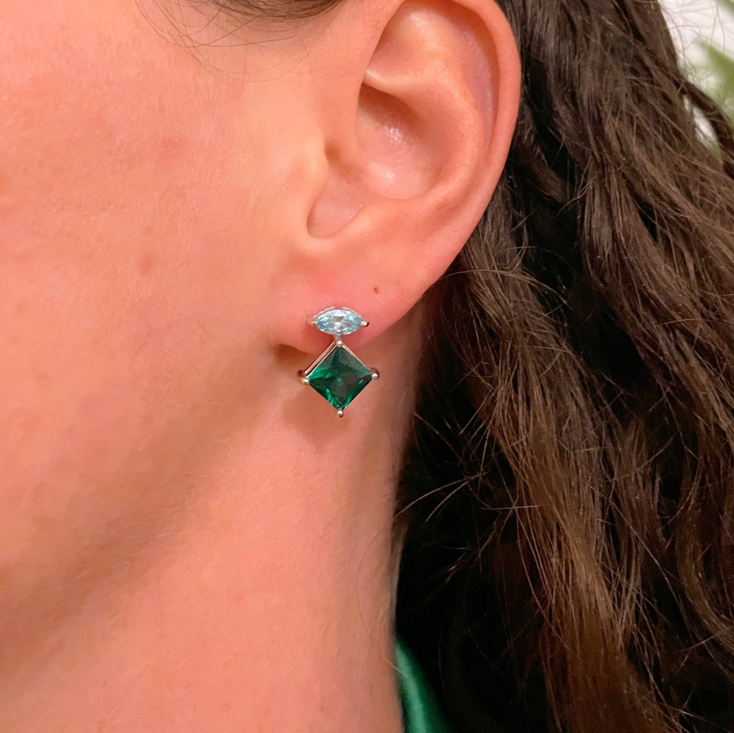 Esme Stud Earrings, Aquamarine, Emerald Green & Silver