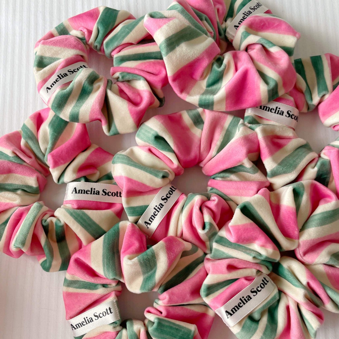 PINK AND GREEN STRIPED HAIR SCRUNCHIES