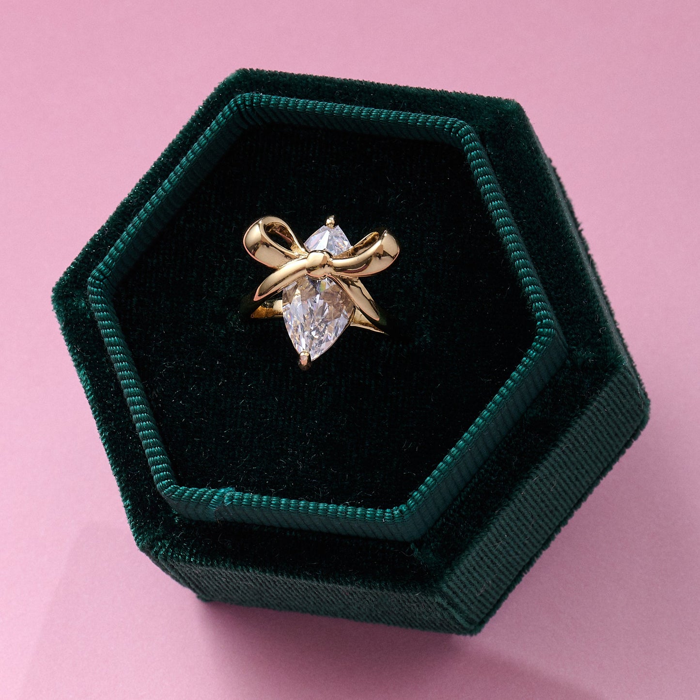 Amelia Bow Ring with marquise-cut clear cubic zirconia and gold-plated oversized bow in velvet gift box