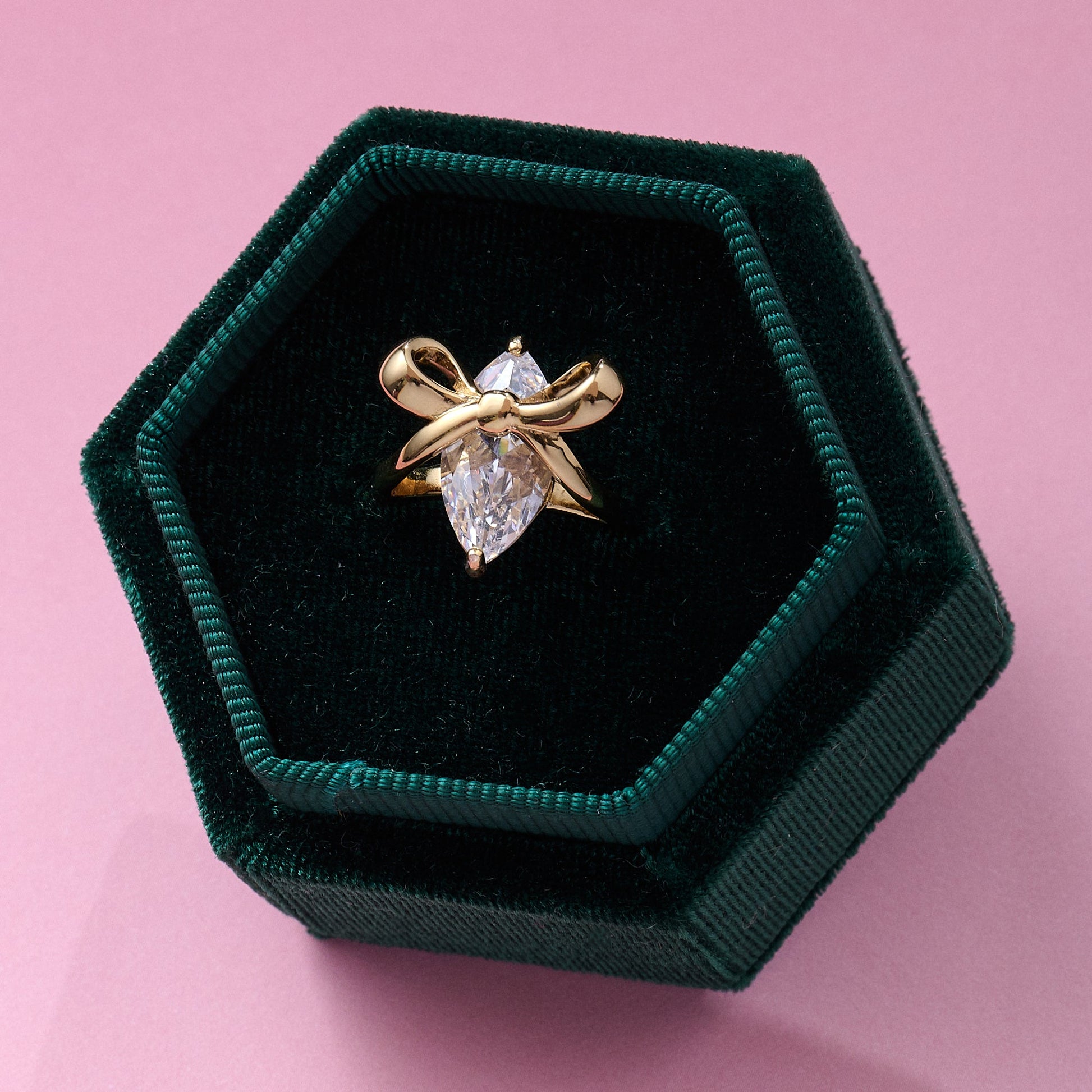Amelia Bow Ring with marquise-cut clear cubic zirconia and gold-plated oversized bow in velvet gift box