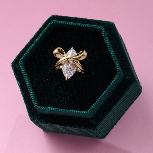 Amelia Bow Ring with marquise-cut clear cubic zirconia and gold-plated oversized bow in velvet gift box
