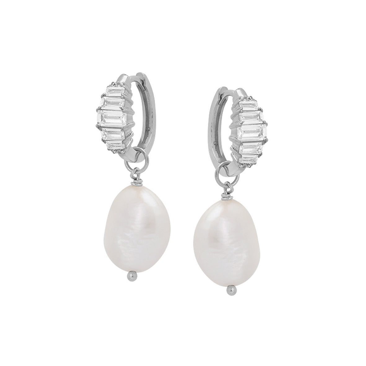 Isla Art Deco hoop earrings in recycled sterling silver with lab-grown cubic zirconia and detachable baroque pearls