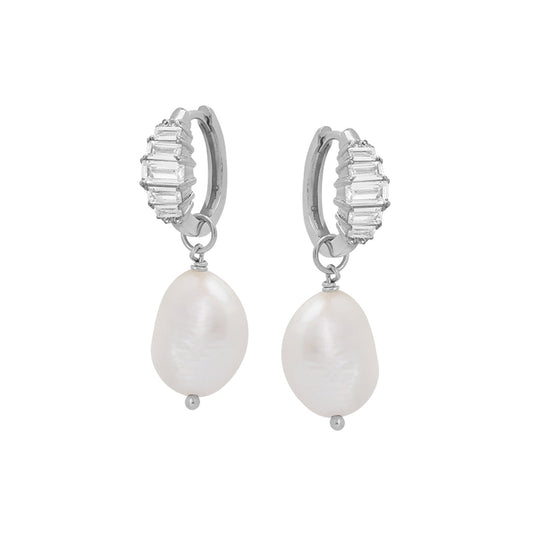 Isla Art Deco hoop earrings in recycled sterling silver with lab-grown cubic zirconia and detachable baroque pearls