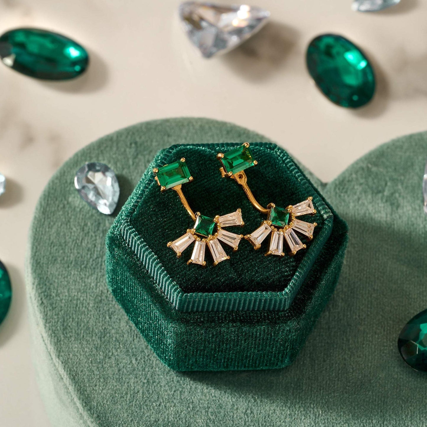 Lola Art Deco Fan Earrings, Emerald Green & Gold in a velvet green jewellery box