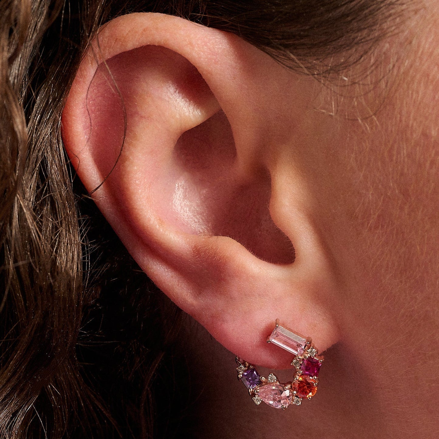 Vintage Style Colourful Rose Gold Earrings, Amelia Scott Lottie cluster stud earrings in ear shot