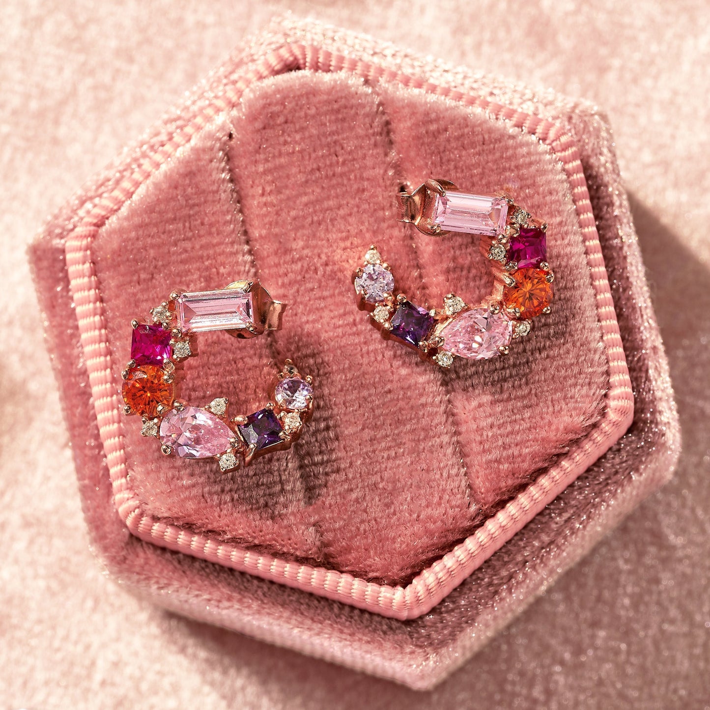 Vintage Style Colourful Rose Gold Earrings, Amelia Scott Lottie cluster stud earringsVintage Style Colourful Rose Gold Earrings, Amelia Scott Lottie cluster stud earrings packaged in a vintage velvet jewellery gift box