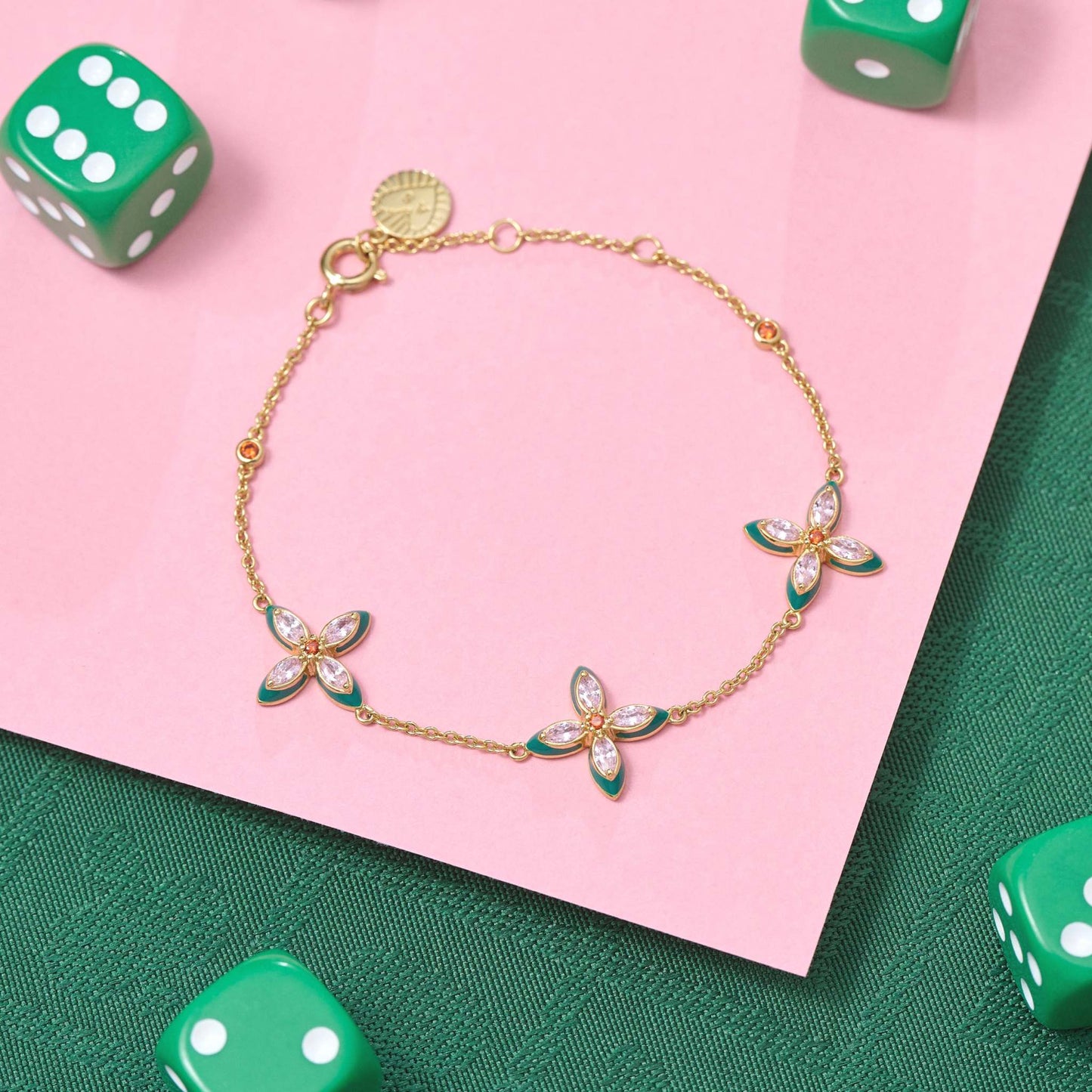 Lucky Clover Bracelet with emerald enamel and blush pink cubic zirconia on gold chain