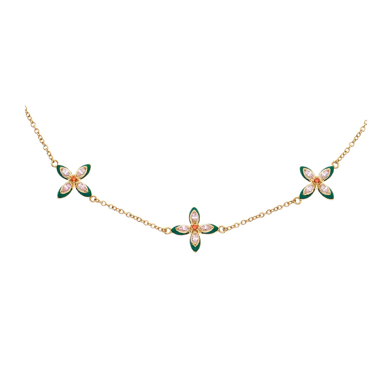 Lucky Clover Choker necklace with emerald enamel and blush pink cubic zirconia on gold chain