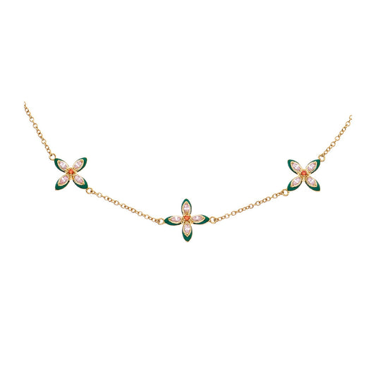 Lucky Clover Choker necklace with emerald enamel and blush pink cubic zirconia on gold chain