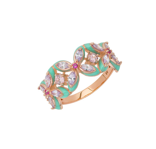 Lucky Clover Ring, Turquoise Enamel, Lilac & Rose Gold