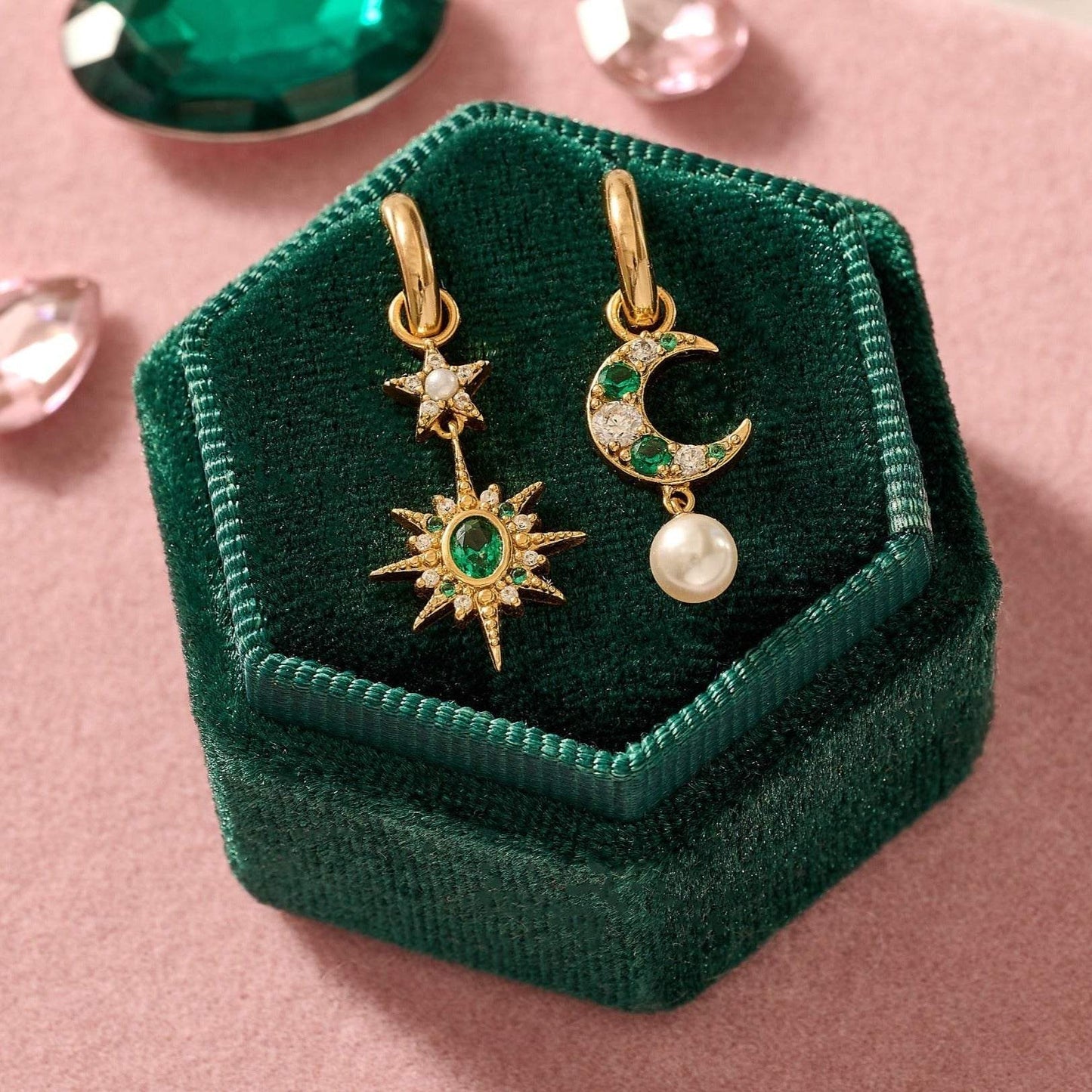 Moon & Star Huggie Hoop Earrings with emerald green celestial charms adorned with cubic zirconia and faux pearl in green vintage jewellery velvet box