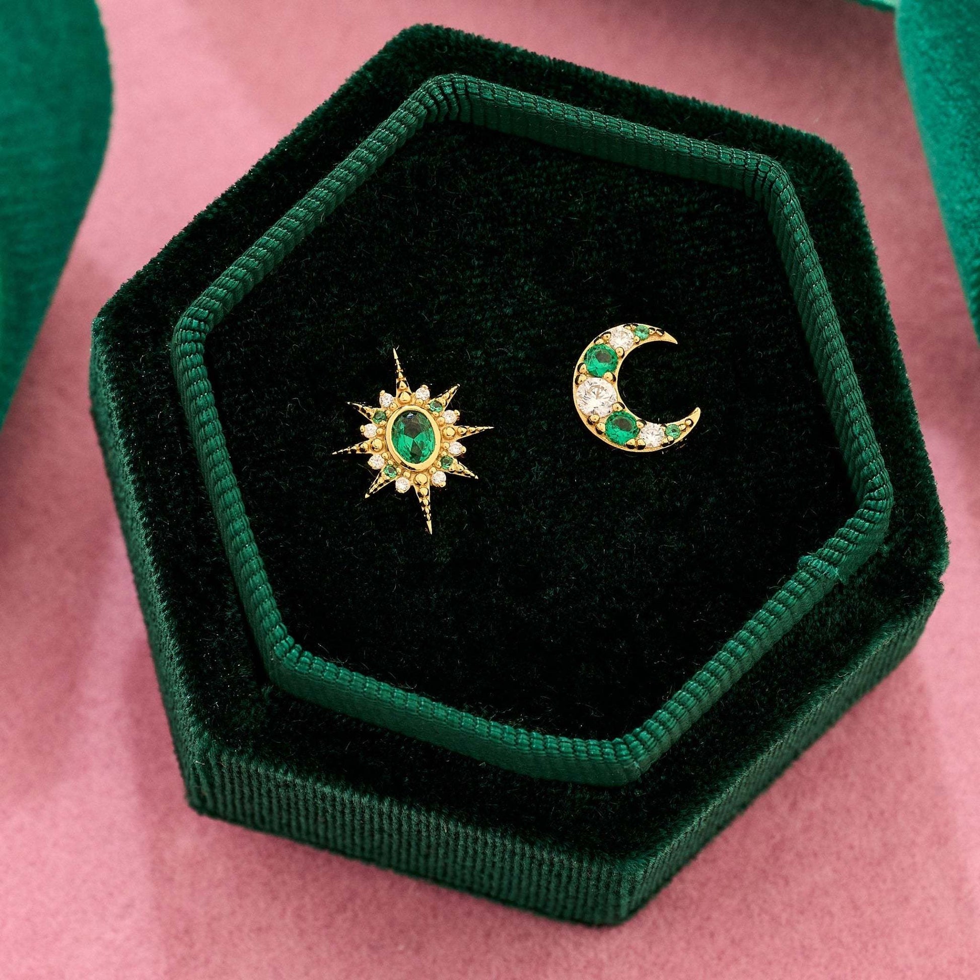 Luna moon and star stud earrings, Emerald green and gold with cubic zirconia in a green vintage style velvet gift box