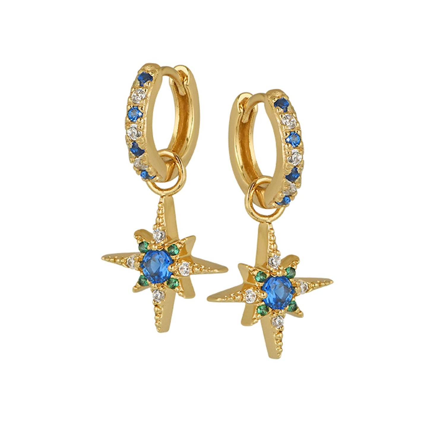Nova North Star gold plated hoop earrings with sapphire blue and cubic zirconia embellishments