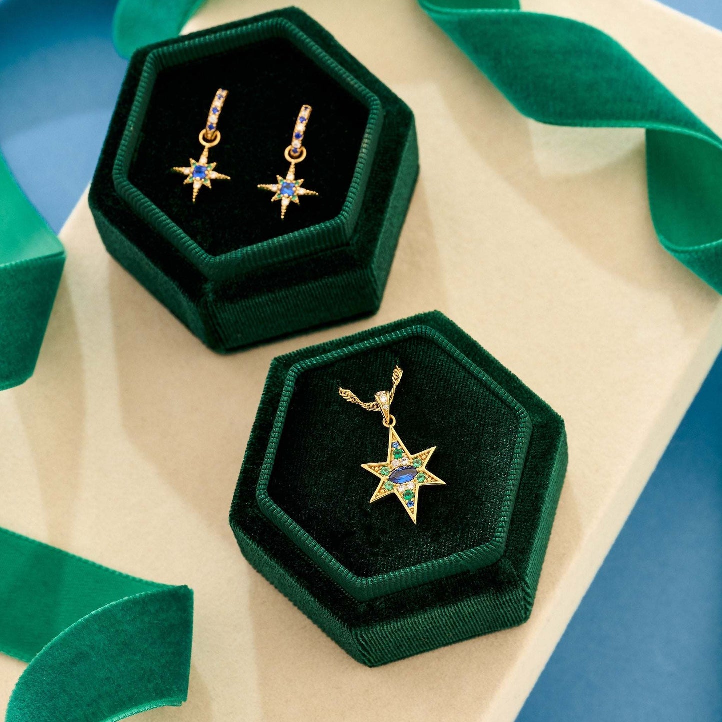 Nova North Star Hoop Earrings Sapphire Blue & Gold